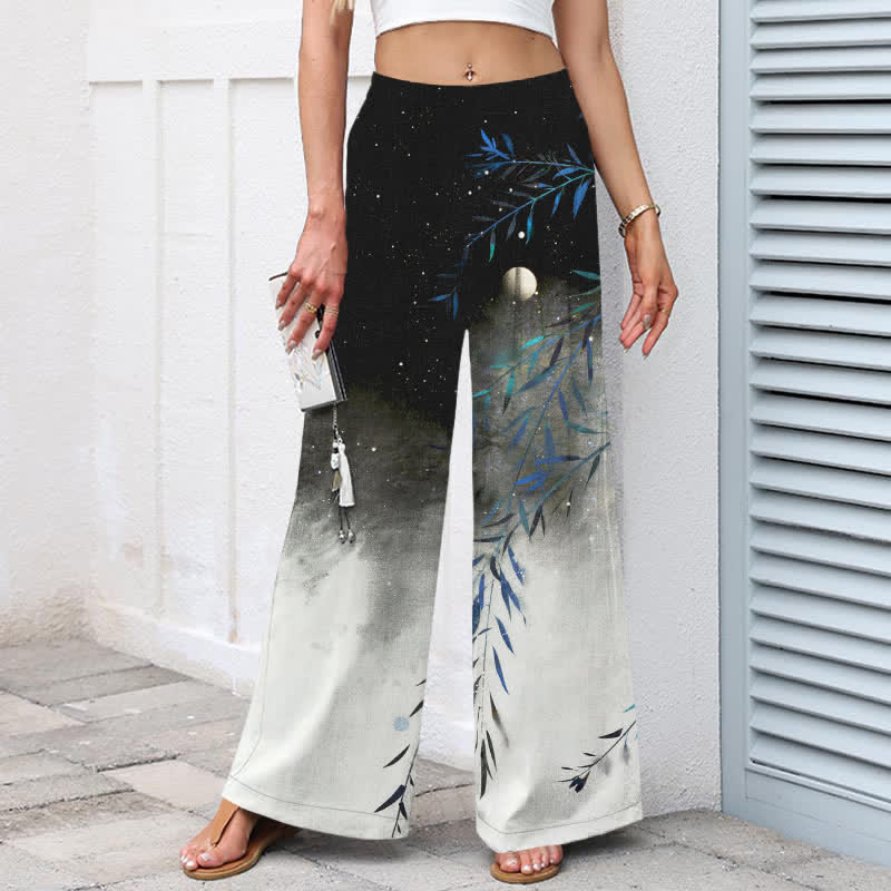 Buddha Stones Cotton Linen Moonlit Bamboo Pattern Women's Elastic Waist Wide Leg Pants With Pockets - image 1