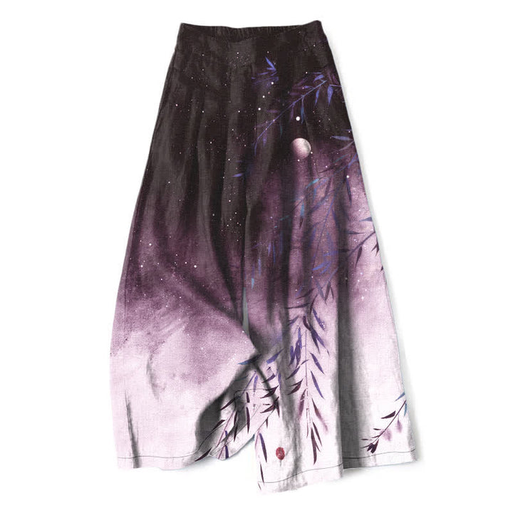 Buddha Stones Cotton Linen Moonlit Bamboo Pattern Women's Elastic Waist Wide Leg Pants With Pockets - DarkViolet - US16，UK/AU20，EU48 (3XL) - image 7