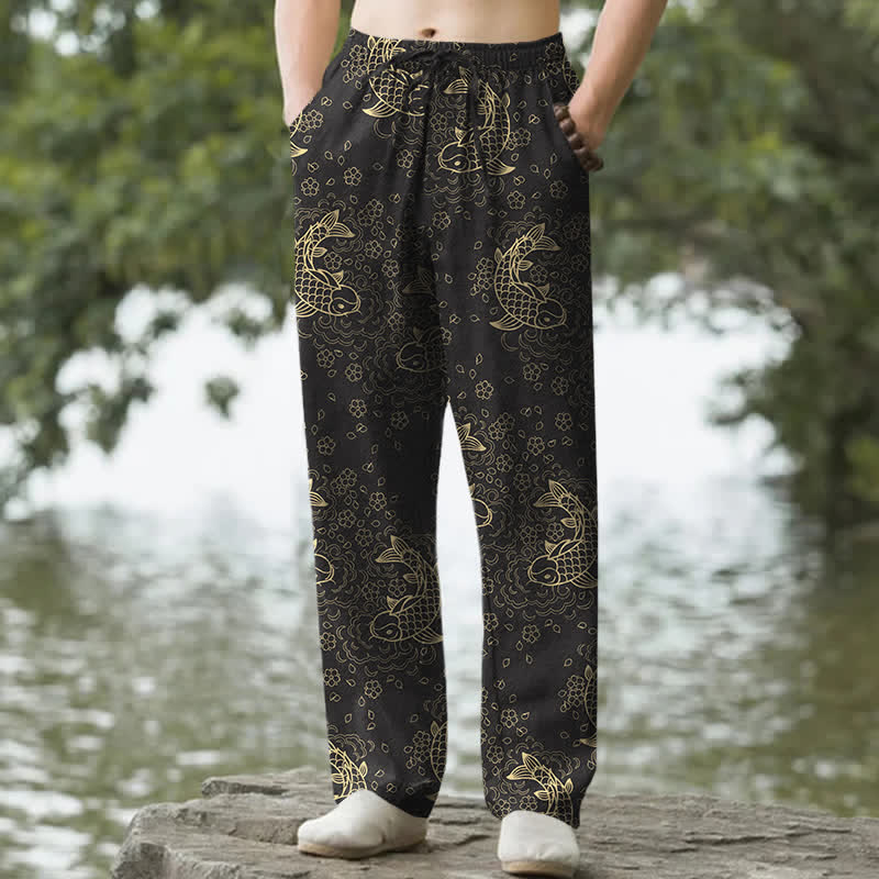 Buddha Stones Cotton Golden Koi Fish Floral Pattern Men's Tapered Pants With Pockets - Black - US/UK/AU50，EU60 (5XL) - image 0