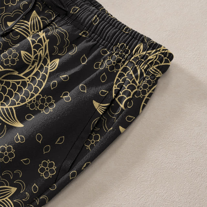 Buddha Stones Cotton Golden Koi Fish Floral Pattern Men's Tapered Pants With Pockets - image 2