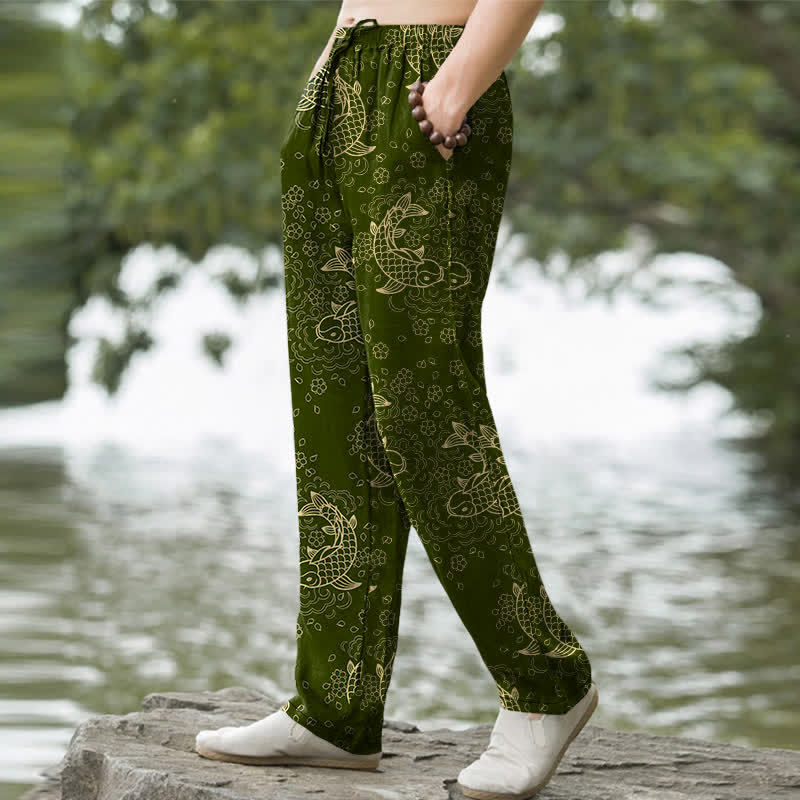 Buddha Stones Cotton Golden Koi Fish Floral Pattern Men's Tapered Pants With Pockets - image 5