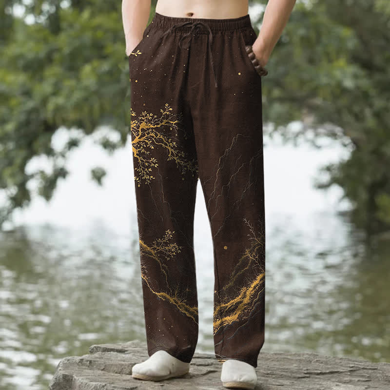 Buddha Stones Cotton Branch Pattern Men's Tapered Pants With Pockets - SaddleBrown - US/UK/AU50，EU60 (5XL) - image 0