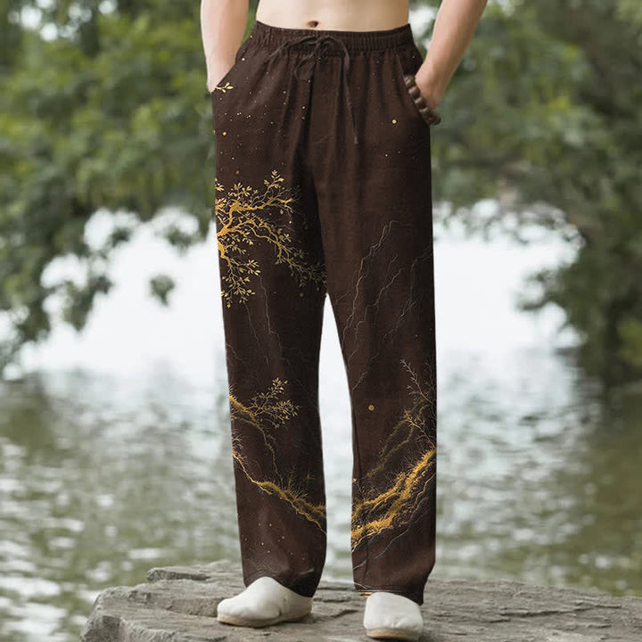 Buddha Stones Cotton Branch Pattern Men's Tapered Pants With Pockets - SaddleBrown - US/UK/AU50，EU60 (5XL) - image 0