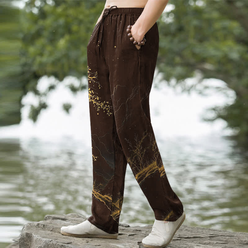 Buddha Stones Cotton Branch Pattern Men's Tapered Pants With Pockets - image 1