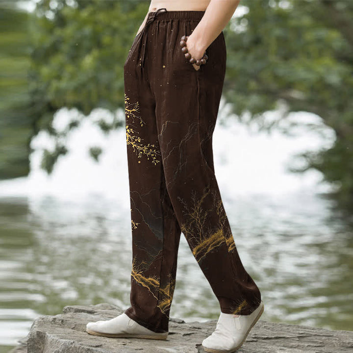 Buddha Stones Cotton Branch Pattern Men's Tapered Pants With Pockets - image 1