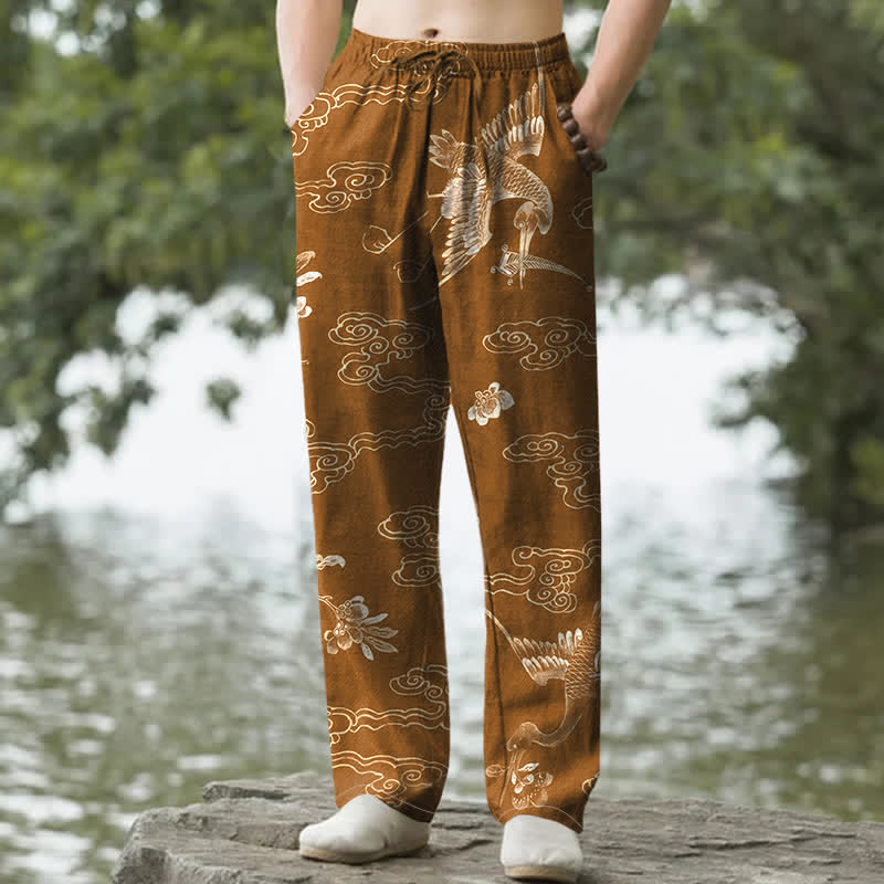 Buddha Stones Cotton Crane Cloud Floral Pattern Men's Tapered Pants With Pockets - Sienna - US/UK/AU50，EU60 (5XL) - image 0