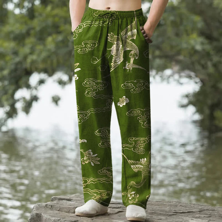Buddha Stones Cotton Crane Cloud Floral Pattern Men's Tapered Pants With Pockets - OliveDrab - US/UK/AU50，EU60 (5XL) - image 4