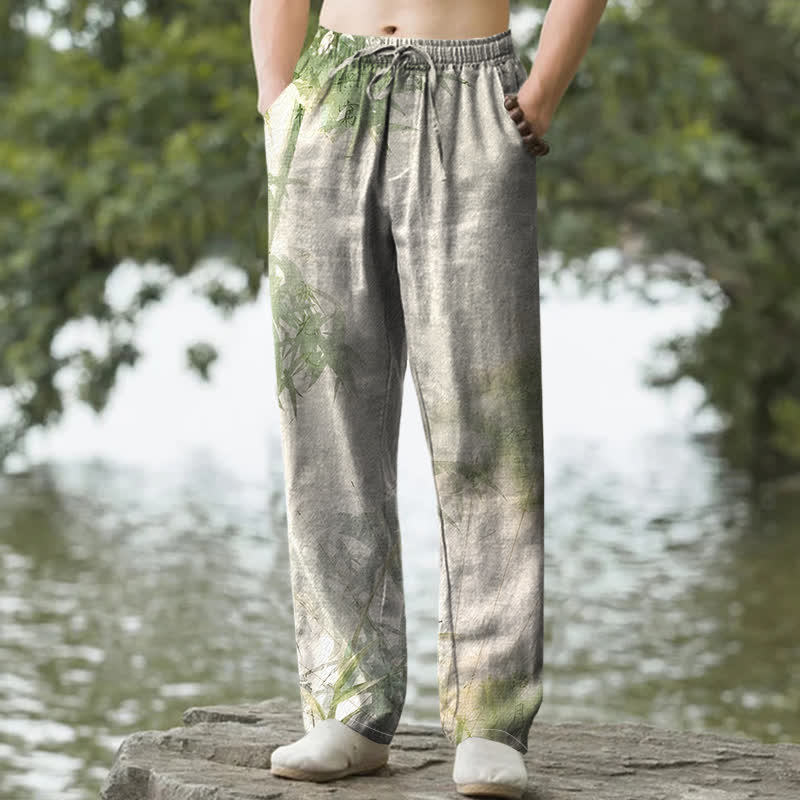 Buddha Stones Cotton Washed Bamboo Pattern Men's Tapered Pants With Pockets - PaleGreen - US/UK/AU50，EU60 (5XL) - image 0