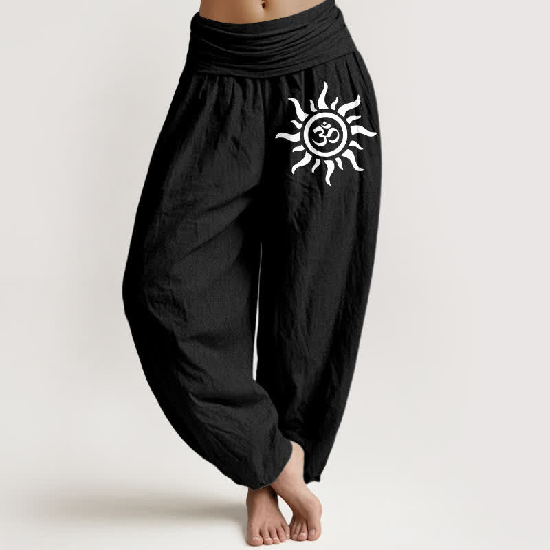 Buddha Stones Pure Cotton Sun Om Pattern Women's Elastic Waist Harem Pants - Black - US16，UK/AU20，EU48 (3XL) - image 0