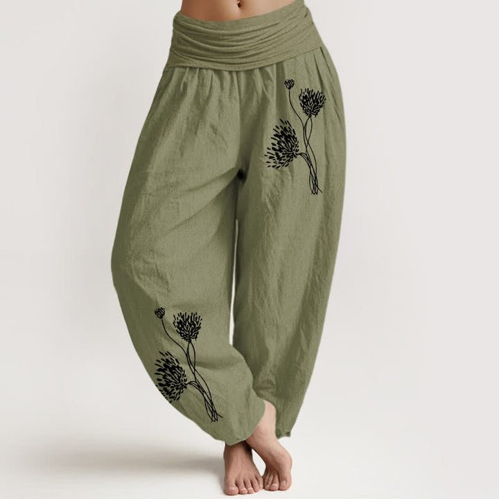 Buddha Stones Pure Cotton Botanical Pattern Women's Elastic Waist Harem Pants - OliveDrab - US16，UK/AU20，EU48 (3XL) - image 14