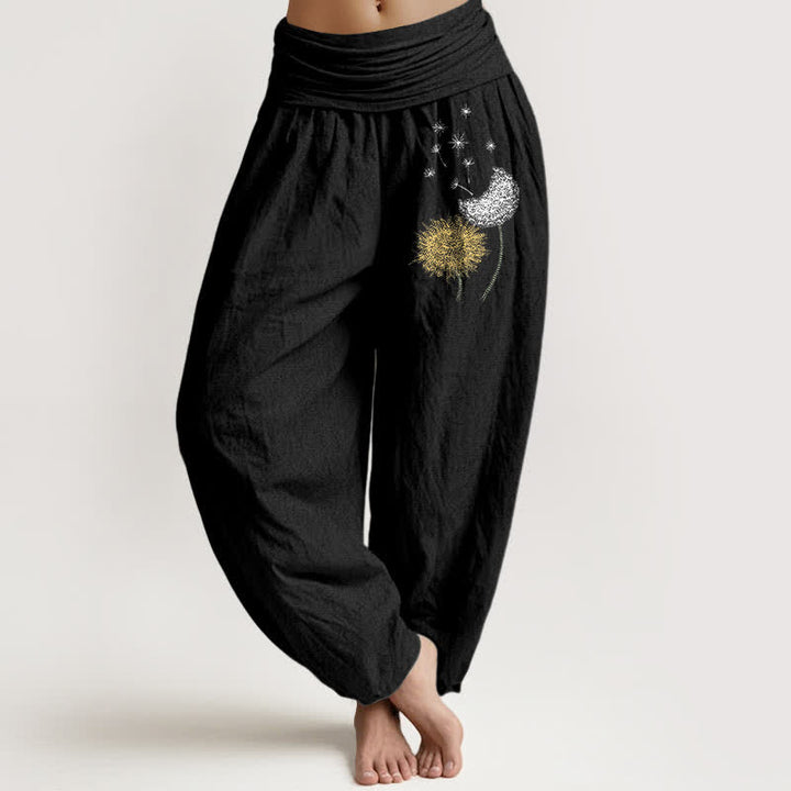 Buddha Stones Pure Cotton Dandelion Bloom Pattern Women's Elastic Waist Harem Pants - Black - US16，UK/AU20，EU48 (3XL) - image 0
