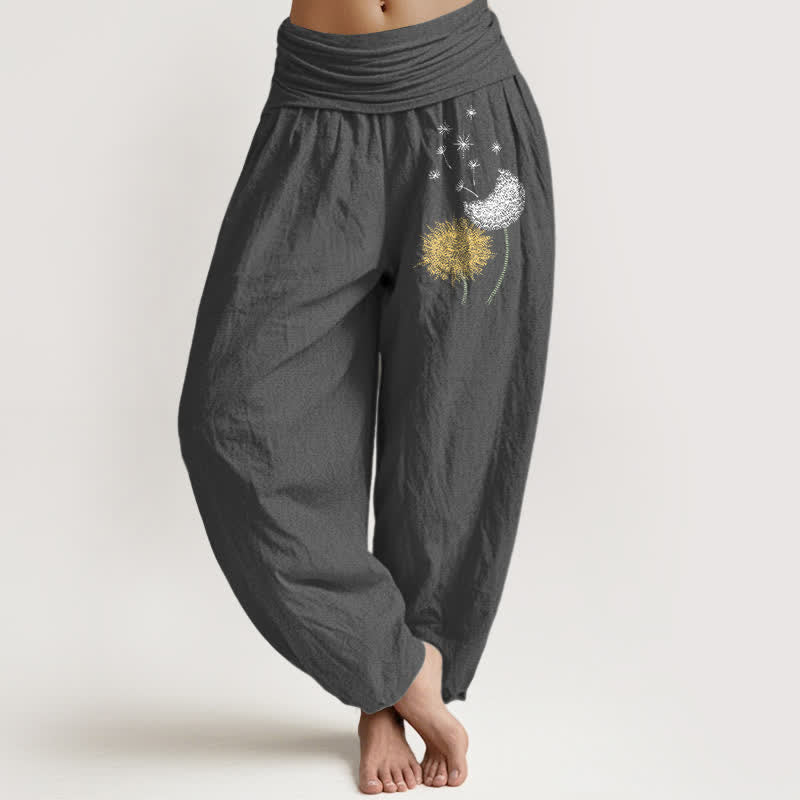 Buddha Stones Pure Cotton Dandelion Bloom Pattern Women's Elastic Waist Harem Pants - DimGray - US16，UK/AU20，EU48 (3XL) - image 8