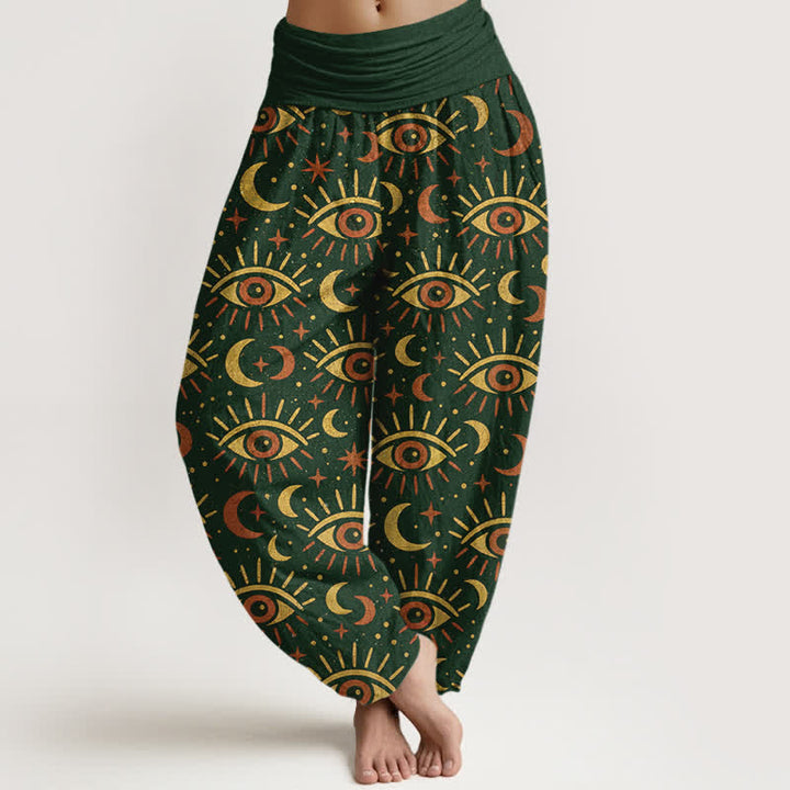 Buddha Stones Cotton Mystic Eye Moon Pattern Women's Elastic Waist Harem Pants - DarkGreen - US16，UK/AU20，EU48 (3XL) - image 0