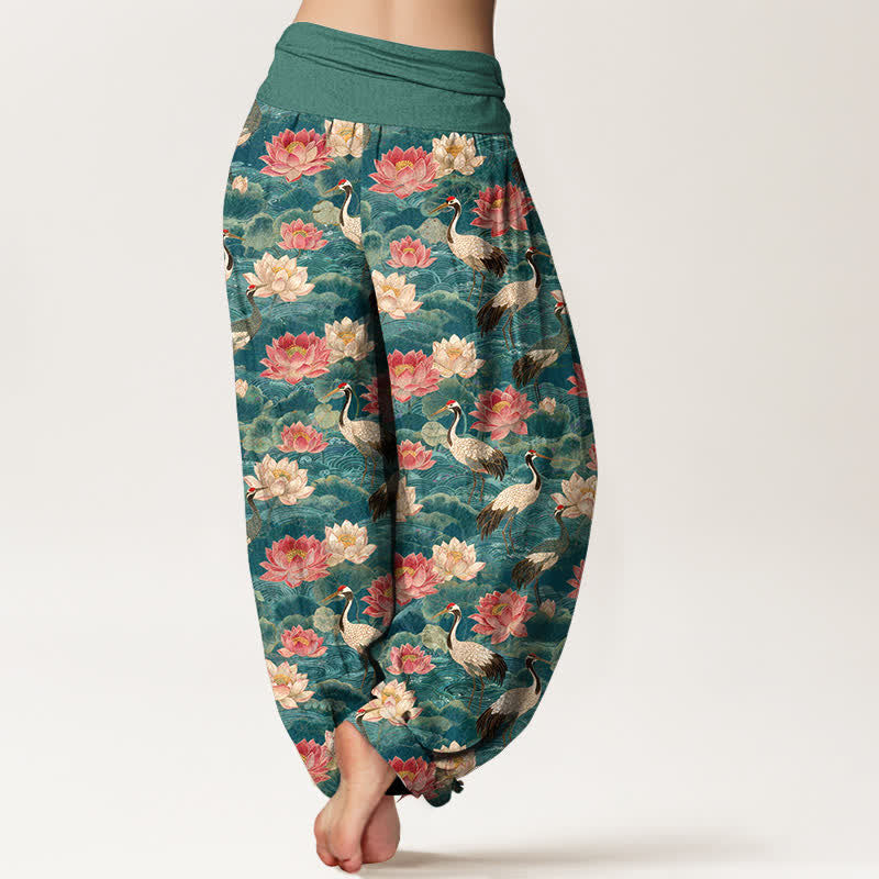 Buddha Stones Cotton Lotus Crane Pattern Women's Elastic Waist Harem Pants - image 2