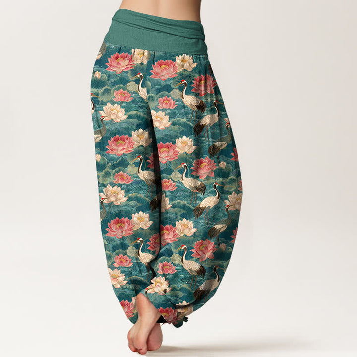 Buddha Stones Cotton Lotus Crane Pattern Women's Elastic Waist Harem Pants - image 2