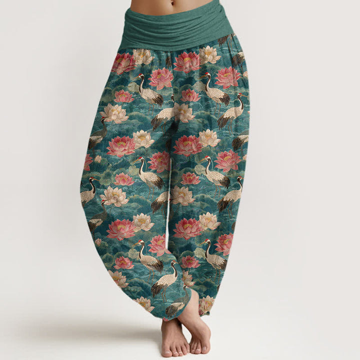 Buddha Stones Cotton Lotus Crane Pattern Women's Elastic Waist Harem Pants - Teal - US16，UK/AU20，EU48 (3XL) - image 0
