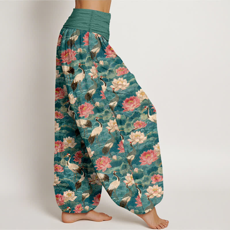 Buddha Stones Cotton Lotus Crane Pattern Women's Elastic Waist Harem Pants - image 1