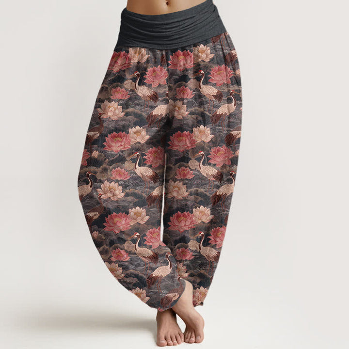 Buddha Stones Cotton Lotus Crane Pattern Women's Elastic Waist Harem Pants - DimGray - US16，UK/AU20，EU48 (3XL) - image 5