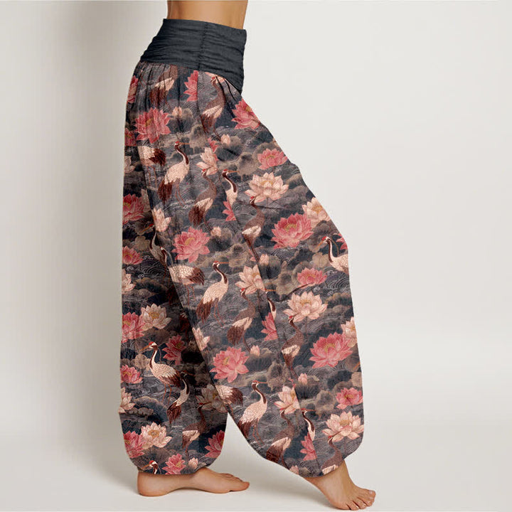 Buddha Stones Cotton Lotus Crane Pattern Women's Elastic Waist Harem Pants - image 6