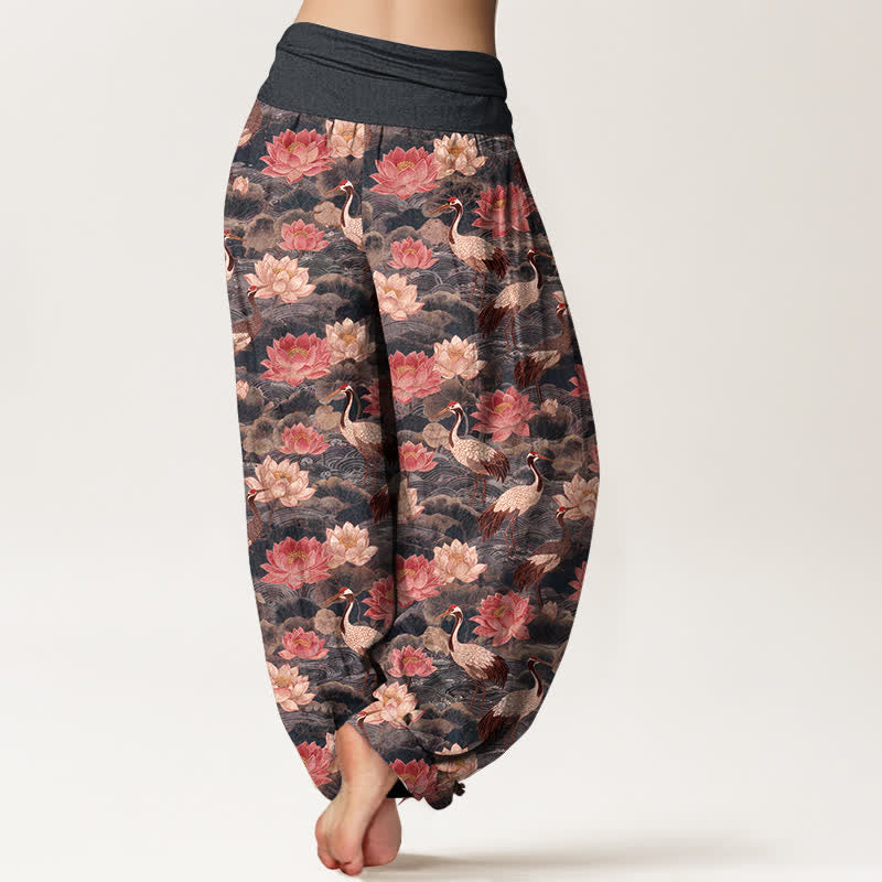Buddha Stones Cotton Lotus Crane Pattern Women's Elastic Waist Harem Pants - image 7