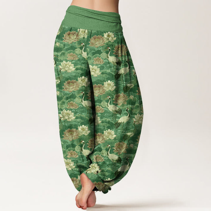 Buddha Stones Cotton Lotus Crane Pattern Women's Elastic Waist Harem Pants - image 10