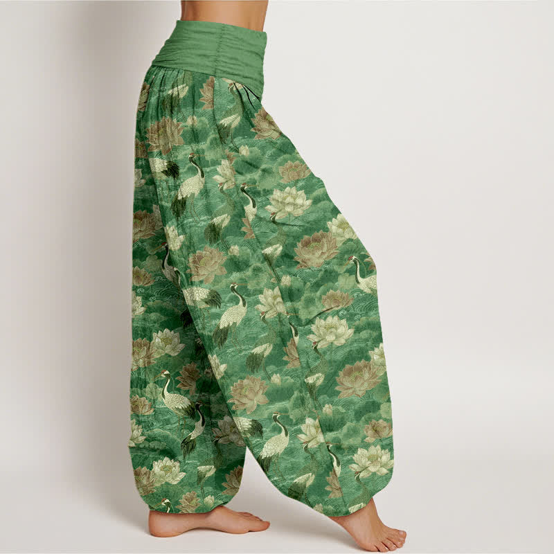 Buddha Stones Cotton Lotus Crane Pattern Women's Elastic Waist Harem Pants - image 9