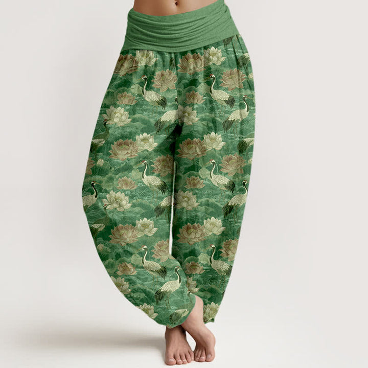Buddha Stones Cotton Lotus Crane Pattern Women's Elastic Waist Harem Pants - MediumSeaGreen - US16，UK/AU20，EU48 (3XL) - image 8
