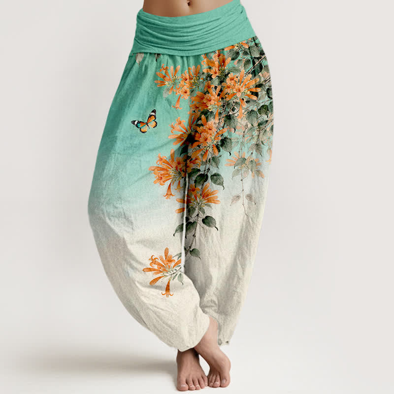 Buddha Stones Cotton Orange Floral Butterfly Pattern Women's Elastic Waist Harem Pants - Turquoise - US16，UK/AU20，EU48 (3XL) - image 5