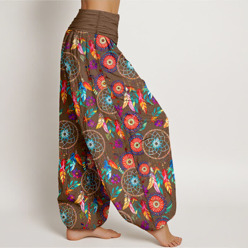 Buddha Stones Cotton Dreamcatcher Feather Pattern Women's Elastic Waist Harem Pants - image 9