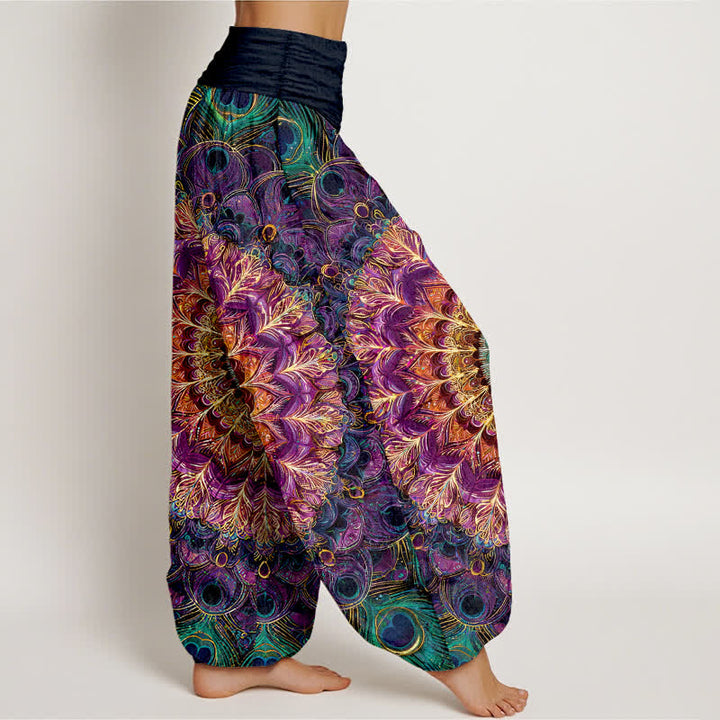 Buddha Stones Pure Cotton Mandala Feather Pattern Women's Elastic Waist Harem Pants - image 1