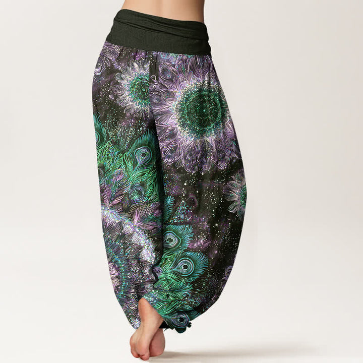 Buddha Stones Cotton Peacock Feather Pattern Women's Elastic Waist Harem Pants - image 7
