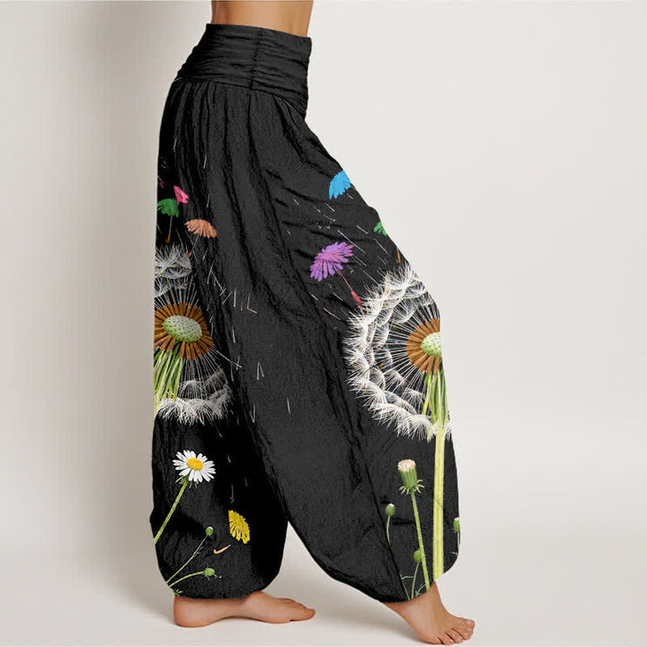 Buddha Stones Pure Cotton Dandelion Bloom Pattern Women's Elastic Waist Harem Pants - image 1