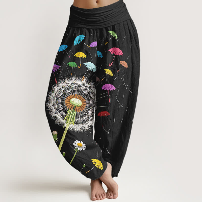 Buddha Stones Pure Cotton Dandelion Bloom Pattern Women's Elastic Waist Harem Pants - Black - US16，UK/AU20，EU48 (3XL) - image 0