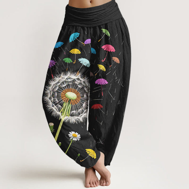 Buddha Stones Pure Cotton Dandelion Bloom Pattern Women's Elastic Waist Harem Pants - Black - US16，UK/AU20，EU48 (3XL) - image 0