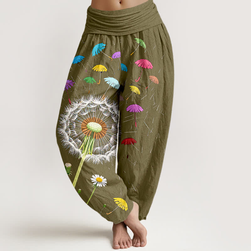 Buddha Stones Pure Cotton Dandelion Bloom Pattern Women's Elastic Waist Harem Pants - DarkKhaki - US16，UK/AU20，EU48 (3XL) - image 8