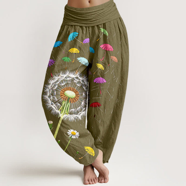 Buddha Stones Pure Cotton Dandelion Bloom Pattern Women's Elastic Waist Harem Pants - DarkKhaki - US16，UK/AU20，EU48 (3XL) - image 8