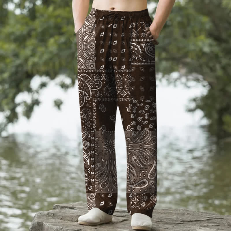 Buddha Stones Cotton Splicing Paisley Pattern Men's Tapered Pants With Pockets - SaddleBrown - US/UK/AU50，EU60 (5XL) - image 4