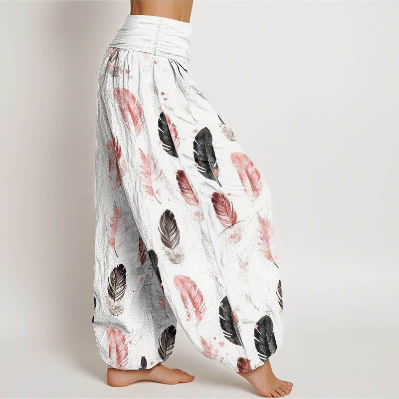 Buddha Stones Pure Cotton Feather Pattern Women's Elastic Waist Harem Pants - image 1