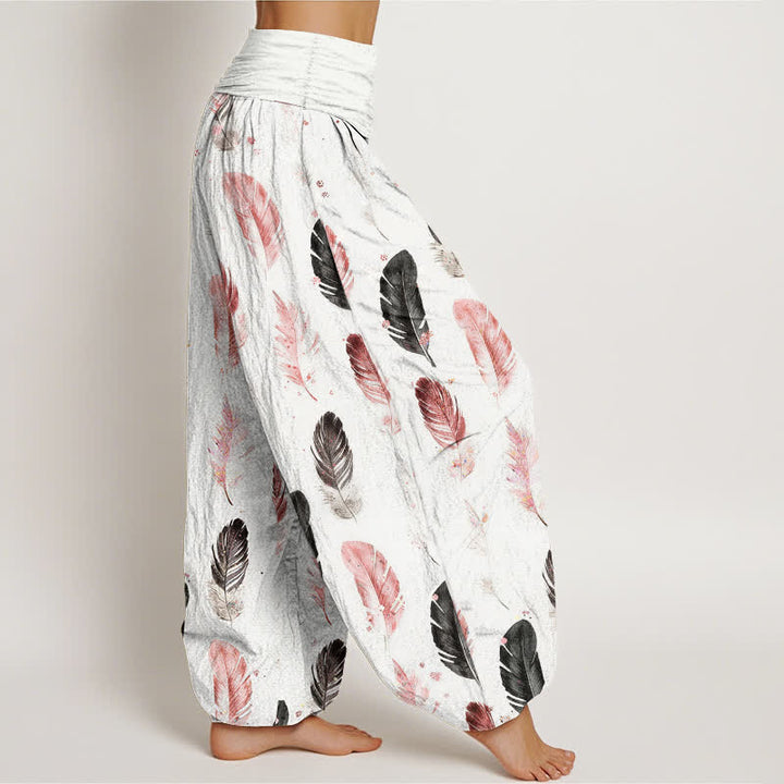 Buddha Stones Pure Cotton Feather Pattern Women's Elastic Waist Harem Pants - image 1