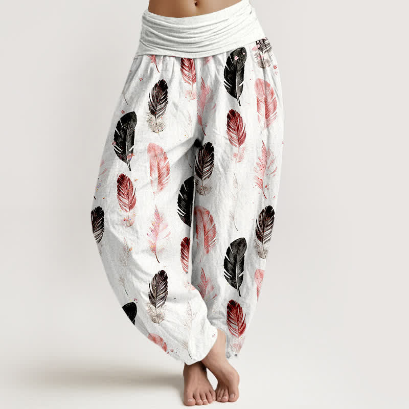 Buddha Stones Pure Cotton Feather Pattern Women's Elastic Waist Harem Pants - White - US16，UK/AU20，EU48 (3XL) - image 0