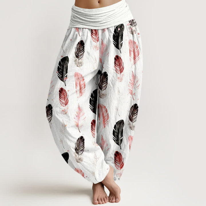 Buddha Stones Pure Cotton Feather Pattern Women's Elastic Waist Harem Pants - White - US16，UK/AU20，EU48 (3XL) - image 0