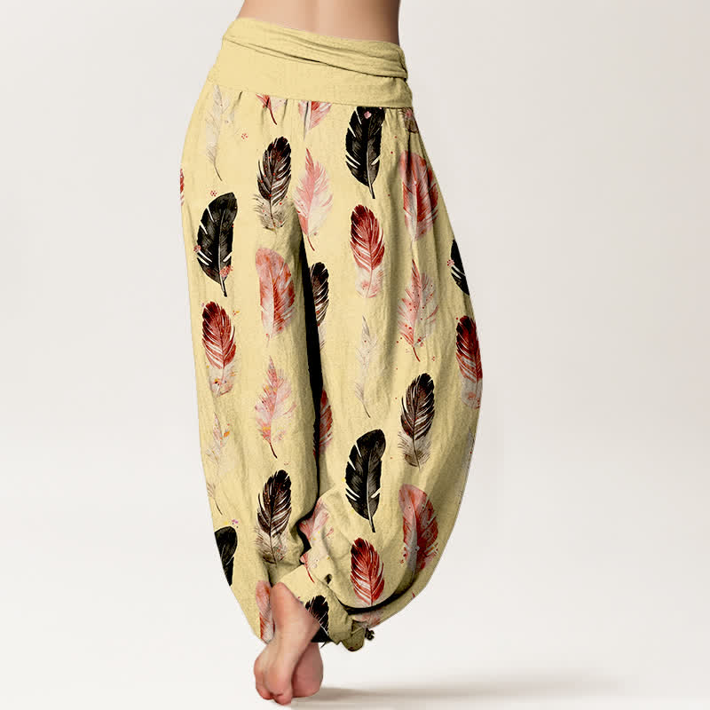 Buddha Stones Pure Cotton Feather Pattern Women's Elastic Waist Harem Pants - image 7