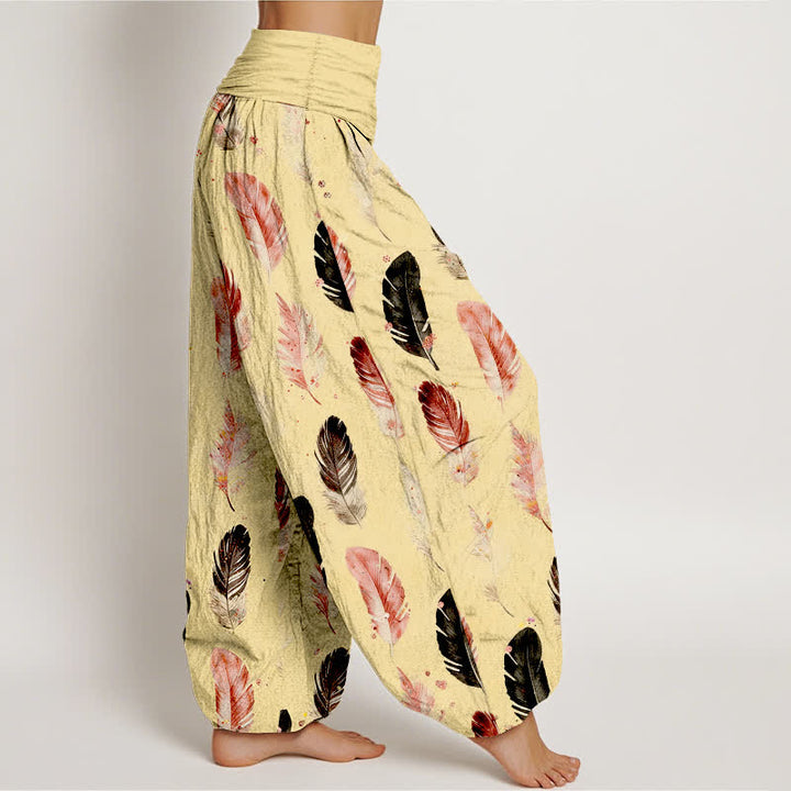 Buddha Stones Pure Cotton Feather Pattern Women's Elastic Waist Harem Pants - image 6