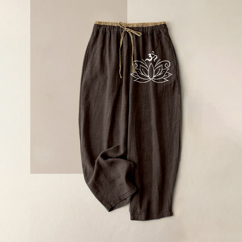 Buddha Stones Pure Cotton Lotus Pattern Women's Elastic Waist Pants With Pockets - SaddleBrown - US16，UK/AU20，EU48 (3XL) - image 5