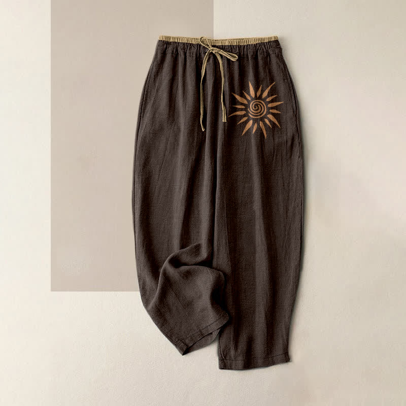 Buddha Stones Cotton Boho Sun Swirl Pattern Women's Elastic Waist Pants With Pockets - SaddleBrown - US16，UK/AU20，EU48 (3XL) - image 5