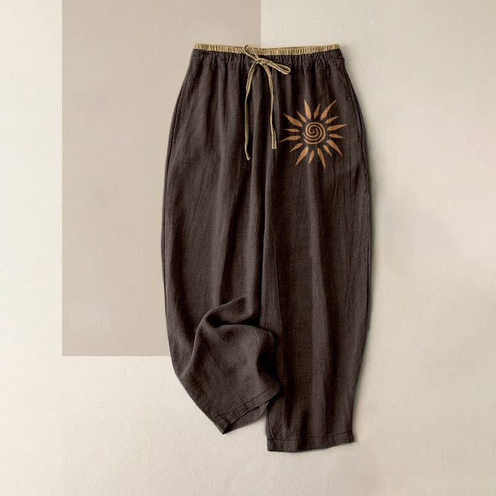 Buddha Stones Cotton Boho Sun Swirl Pattern Women's Elastic Waist Pants With Pockets - SaddleBrown - US16，UK/AU20，EU48 (3XL) - image 5
