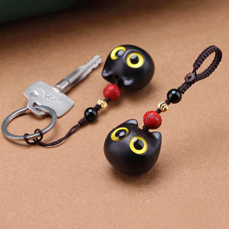 Buddha Stones Ebony Wood Cute Cat Grounding Hand Carved Peace Keychains - image 21
