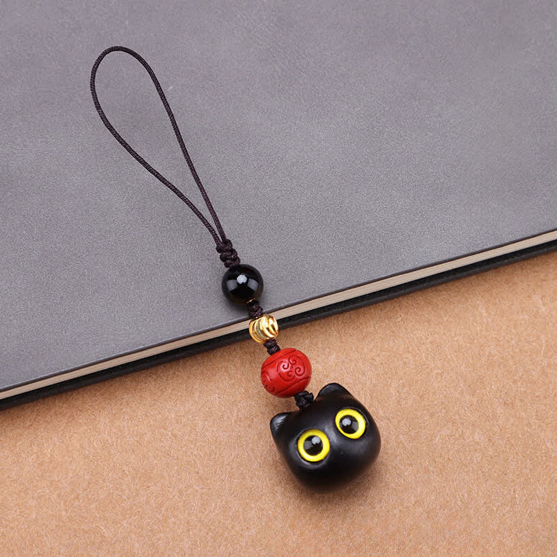 Buddha Stones Ebony Wood Cute Cat Grounding Hand Carved Peace Keychains - Small Cat Plain Rope - image 12