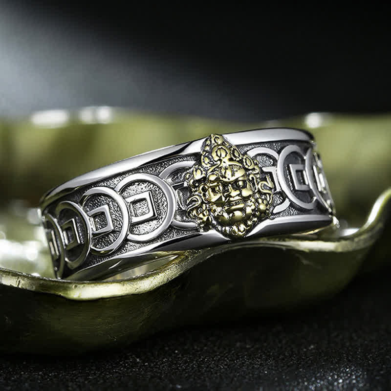 Buddha Stones Tibetan Copper Plated With Silver Yellow Jambhala Protection Ring - image 4