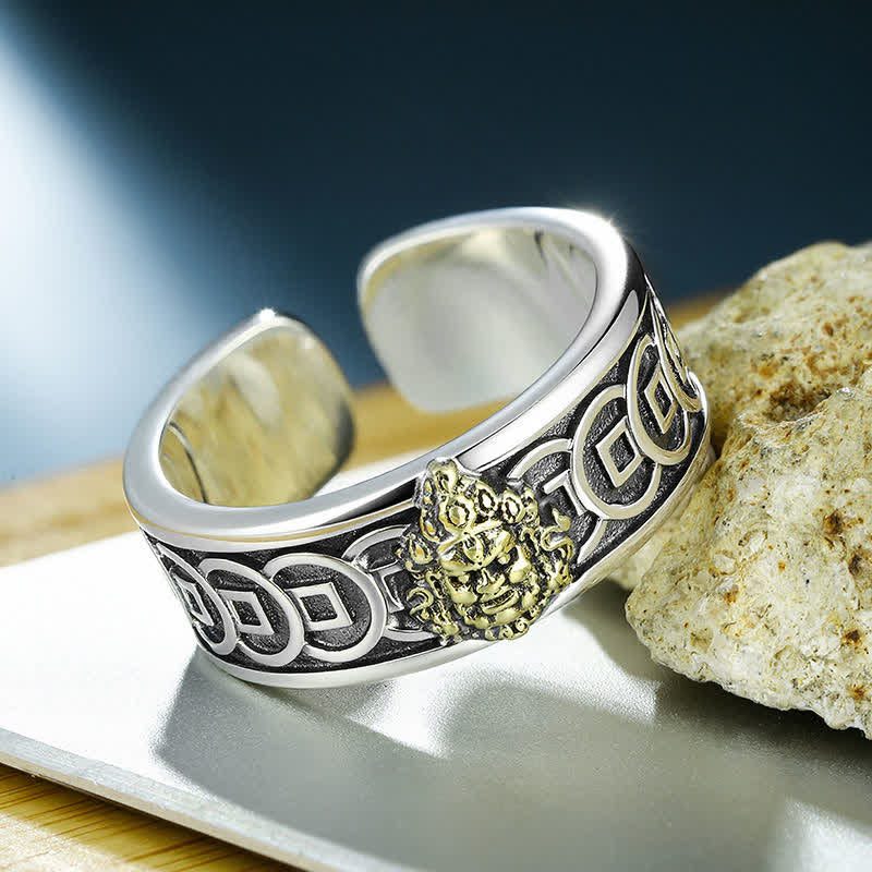 Buddha Stones Tibetan Copper Plated With Silver Yellow Jambhala Protection Ring - image 1